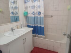 bathroom vanity, bath and shower with shower curtain